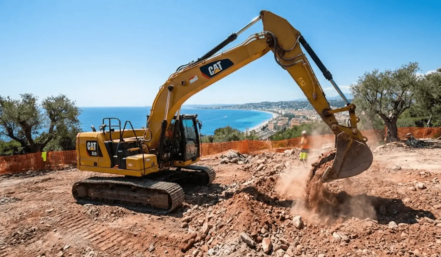 Pelleteuse sur chantier terrassement avec vue sur Nice et la mer Méditerranée